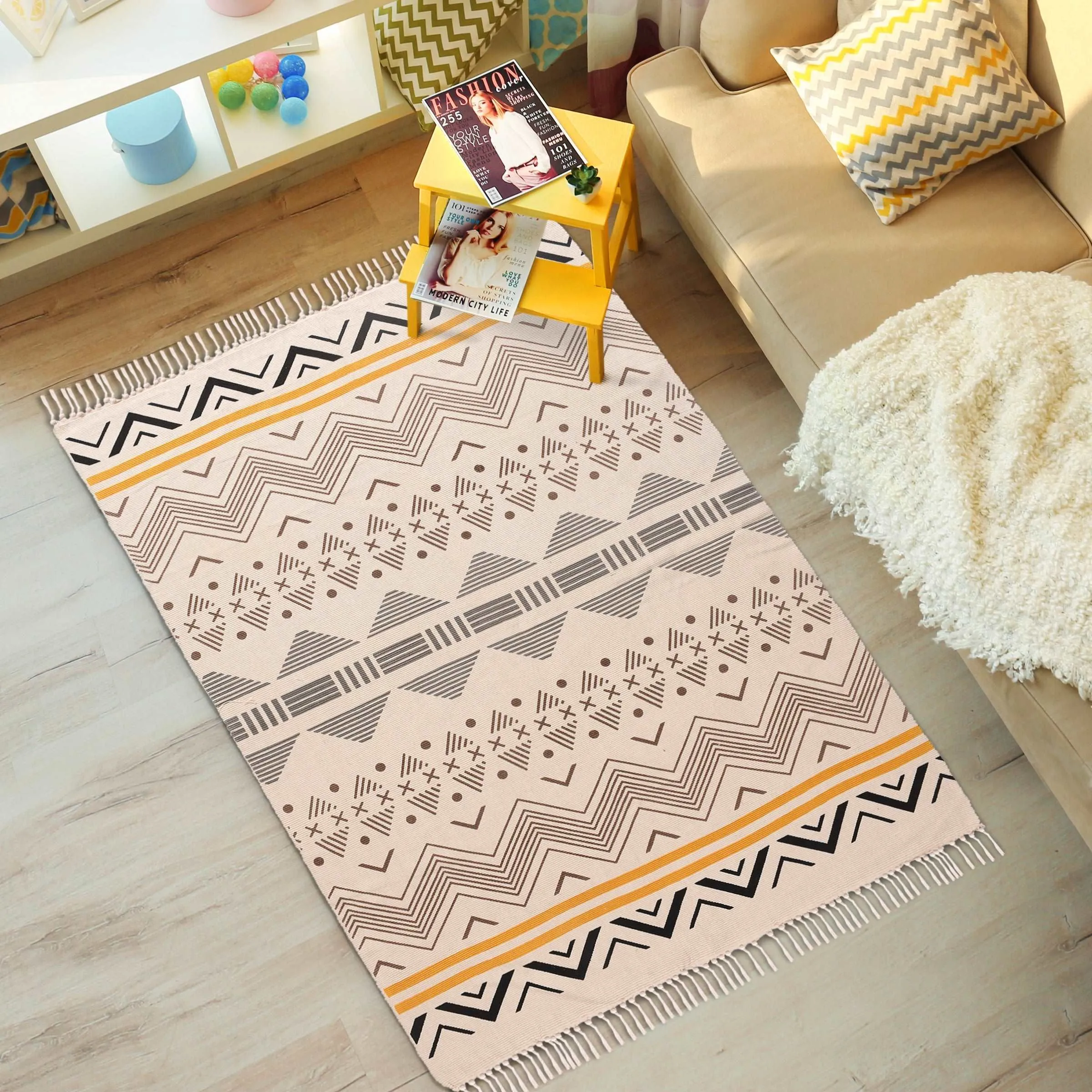 Natural Cotton Printed Door Mat with tassels - CPRugs_008