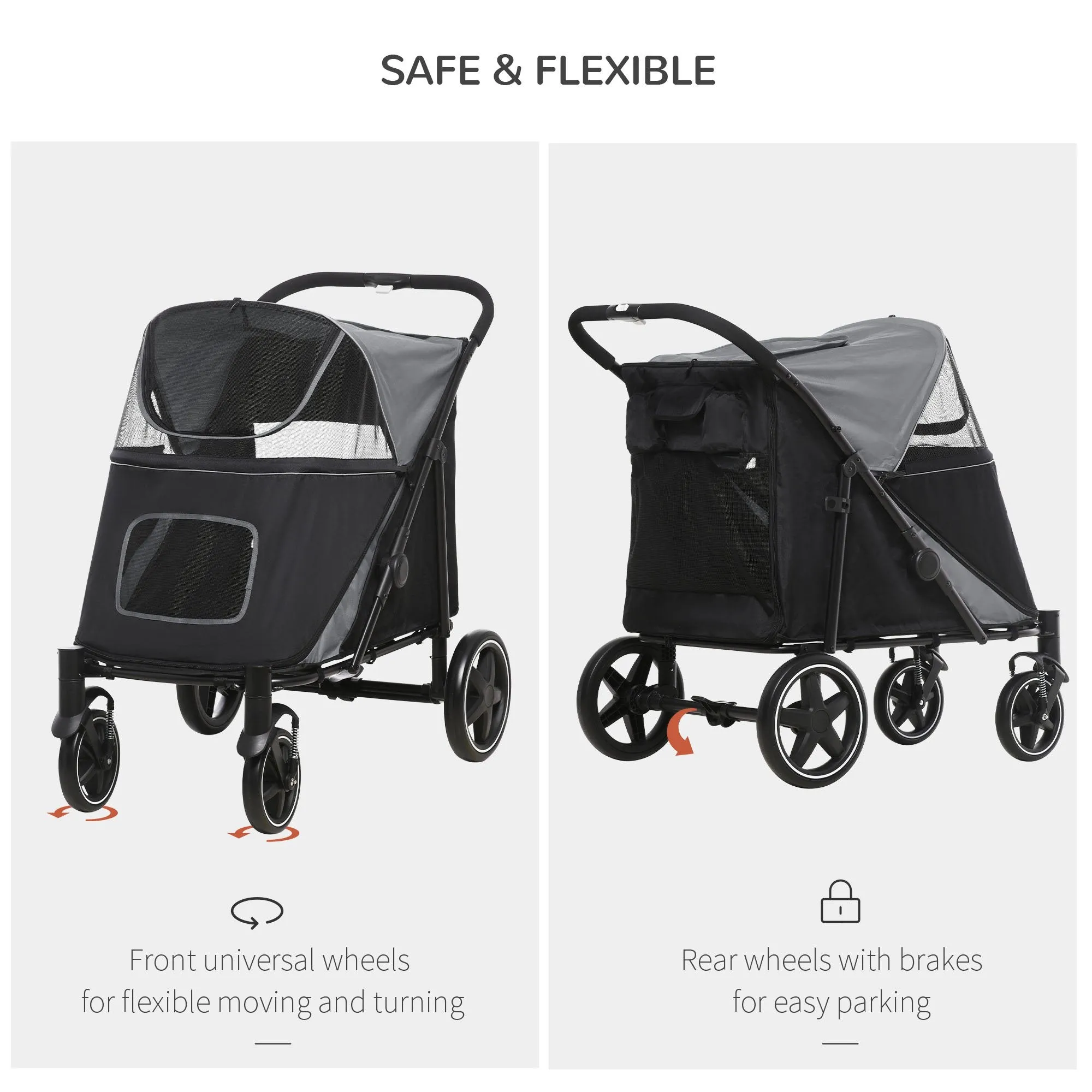 One-Click Foldable Pet Stroller, with Universal Wheels, Shock absorber, for Medium and Large Dogs - Grey