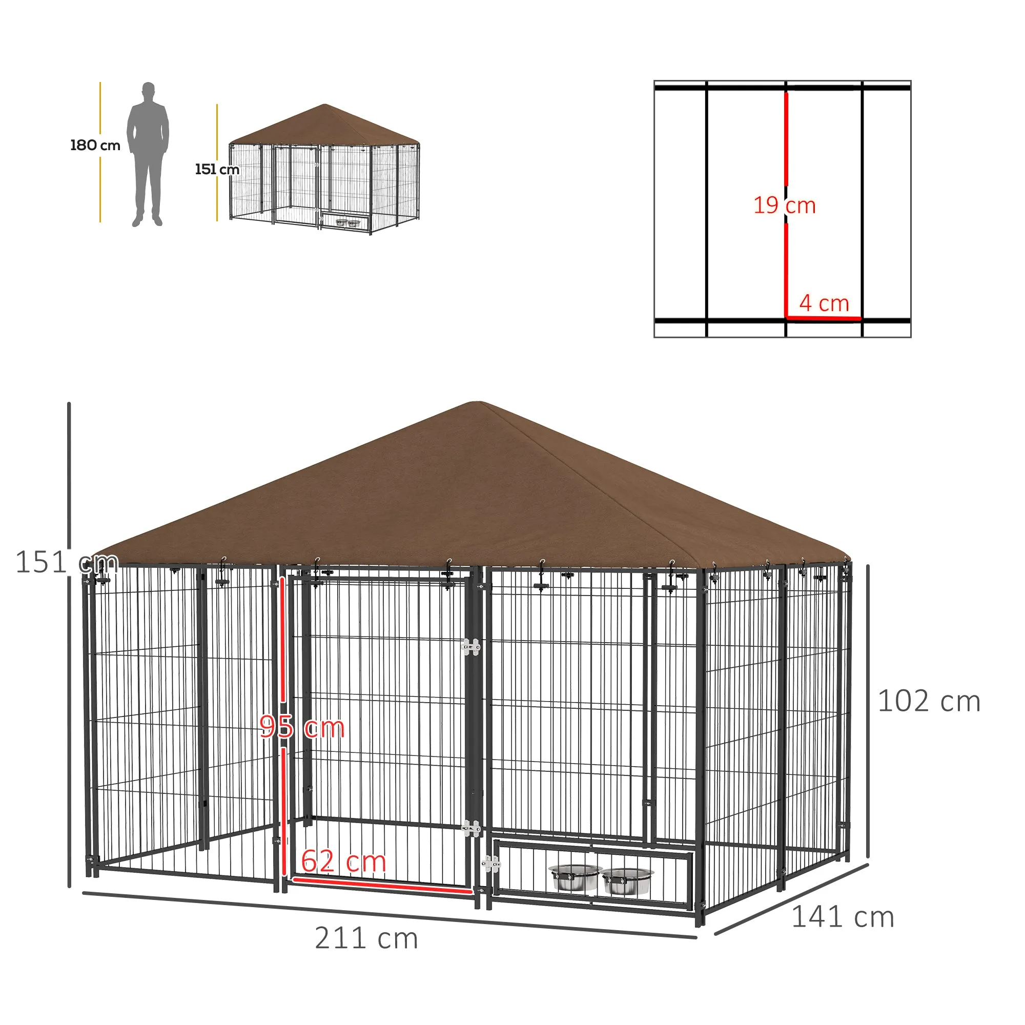 Outdoor Dog House Kennel with Canopy Top & Lock Rotating Bowl Holder