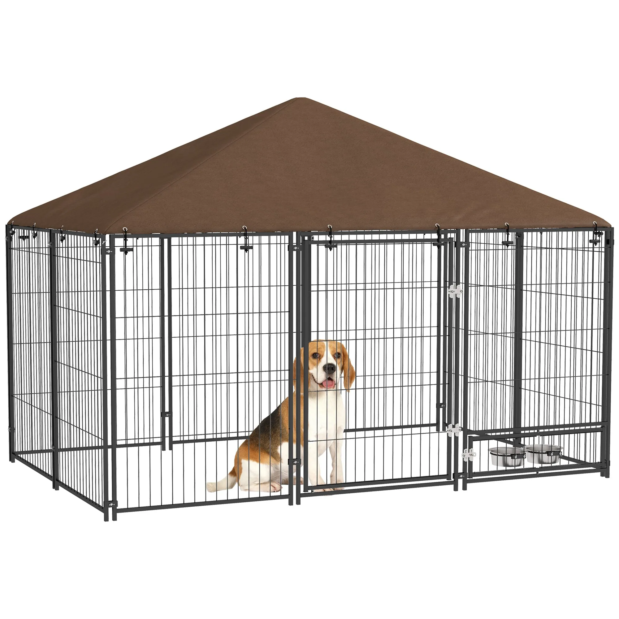 Outdoor Dog House Kennel with Canopy Top & Lock Rotating Bowl Holder