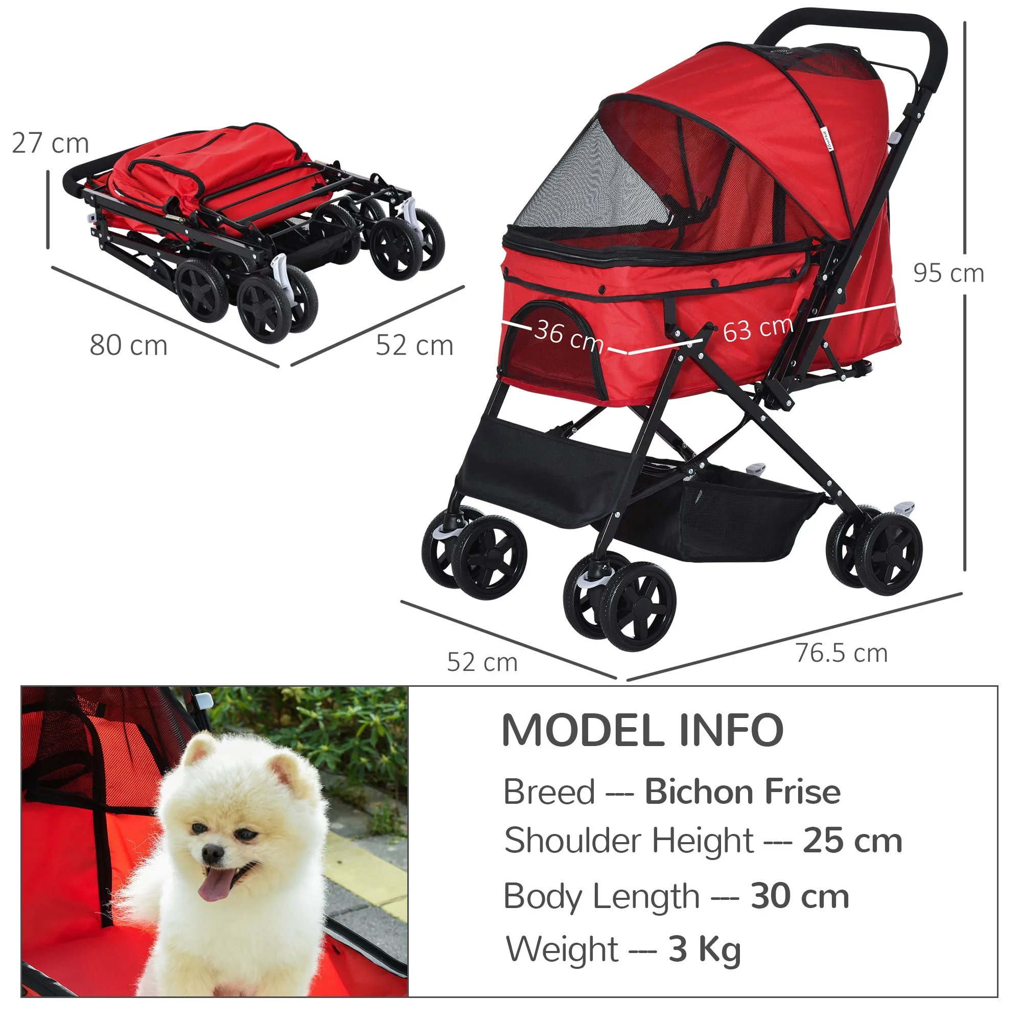 Pet Stroller Dog Cat Travel Pushchair Foldable Jogger with Reversible Handle EVA Wheel Brake Basket Adjustable Canopy Safety Leash for Small Dogs, Red