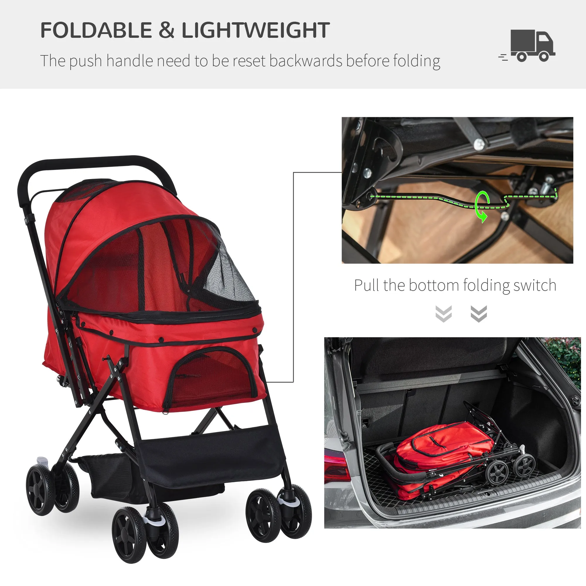 Pet Stroller Dog Cat Travel Pushchair Foldable Jogger with Reversible Handle EVA Wheel Brake Basket Adjustable Canopy Safety Leash for Small Dogs, Red