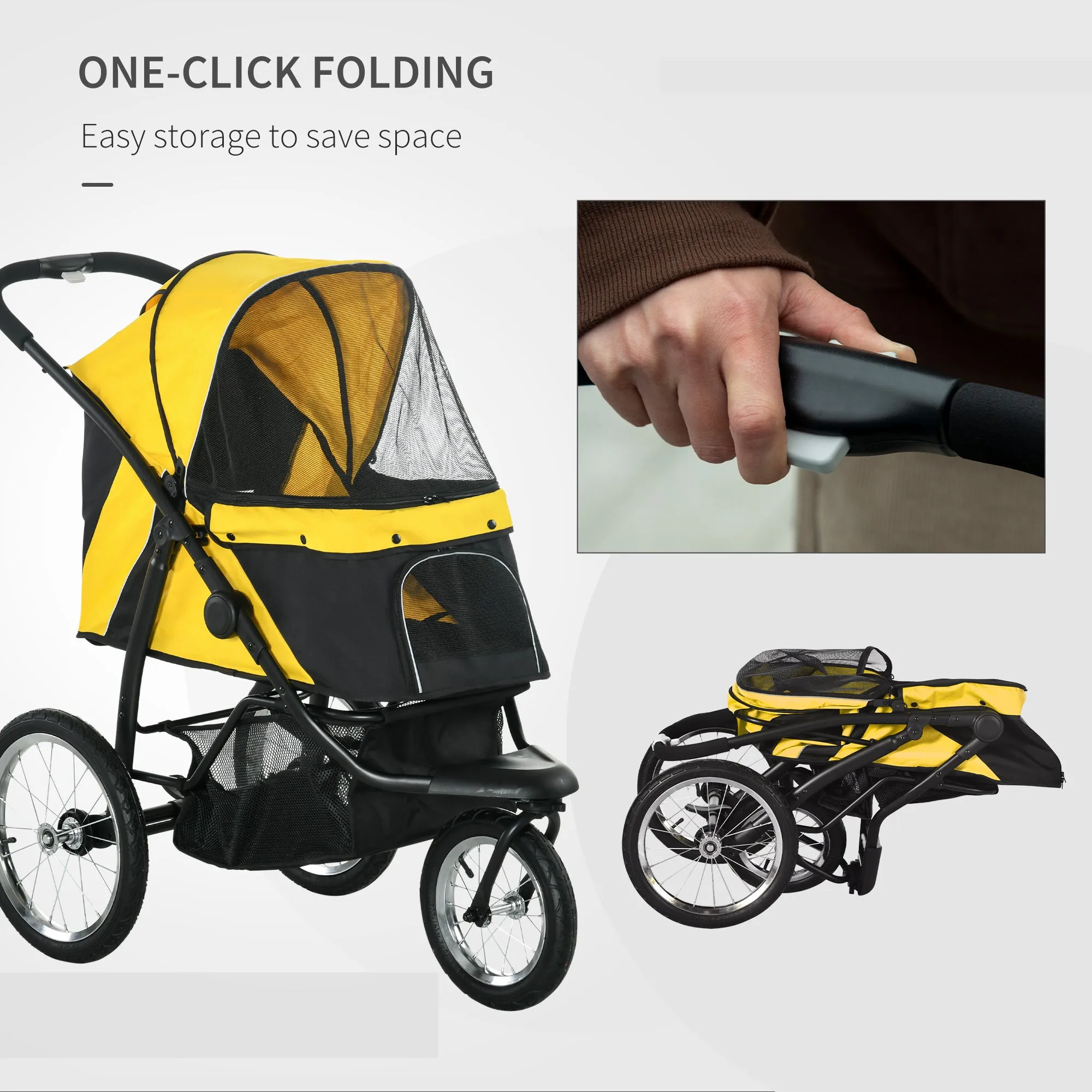 Pet Stroller Jogger for Medium, Small Dogs, Foldable Cat Pram Dog Pushchair w/ Adjustable Canopy, 3 Big Wheels - Yellow