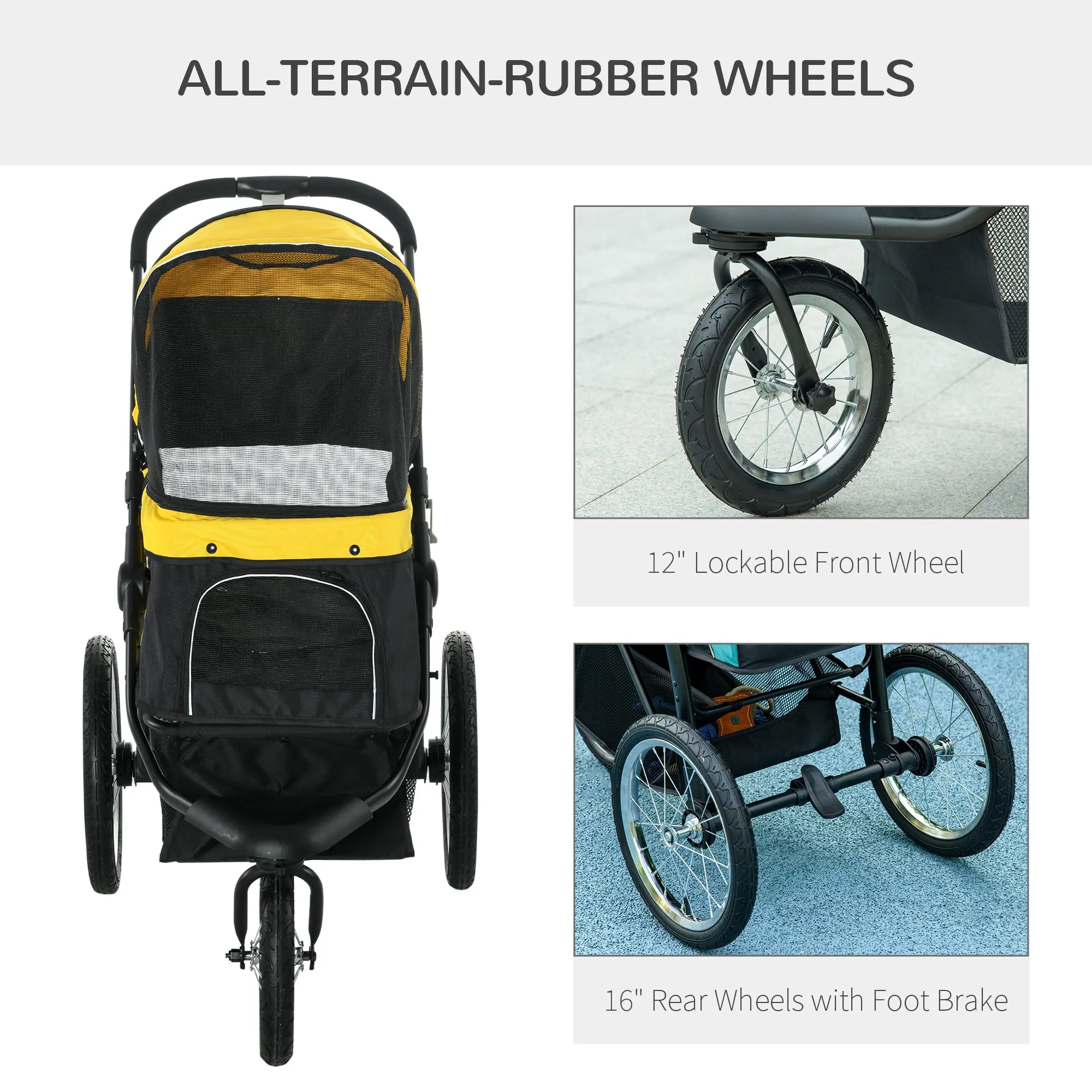 Pet Stroller Jogger for Medium, Small Dogs, Foldable Cat Pram Dog Pushchair w/ Adjustable Canopy, 3 Big Wheels - Yellow