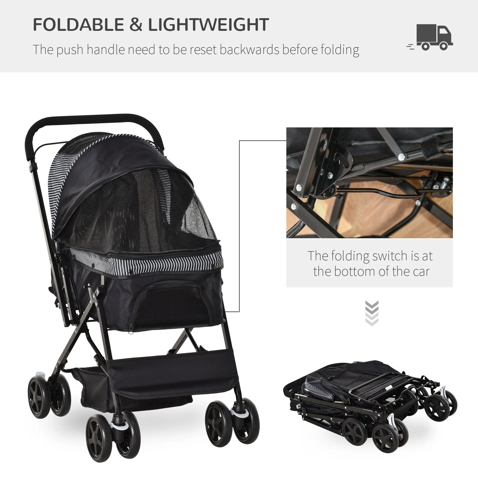 Pet Stroller Pushchair Foldable Travel Dog Cat Carriage w/ Reversible Handle Brake Basket