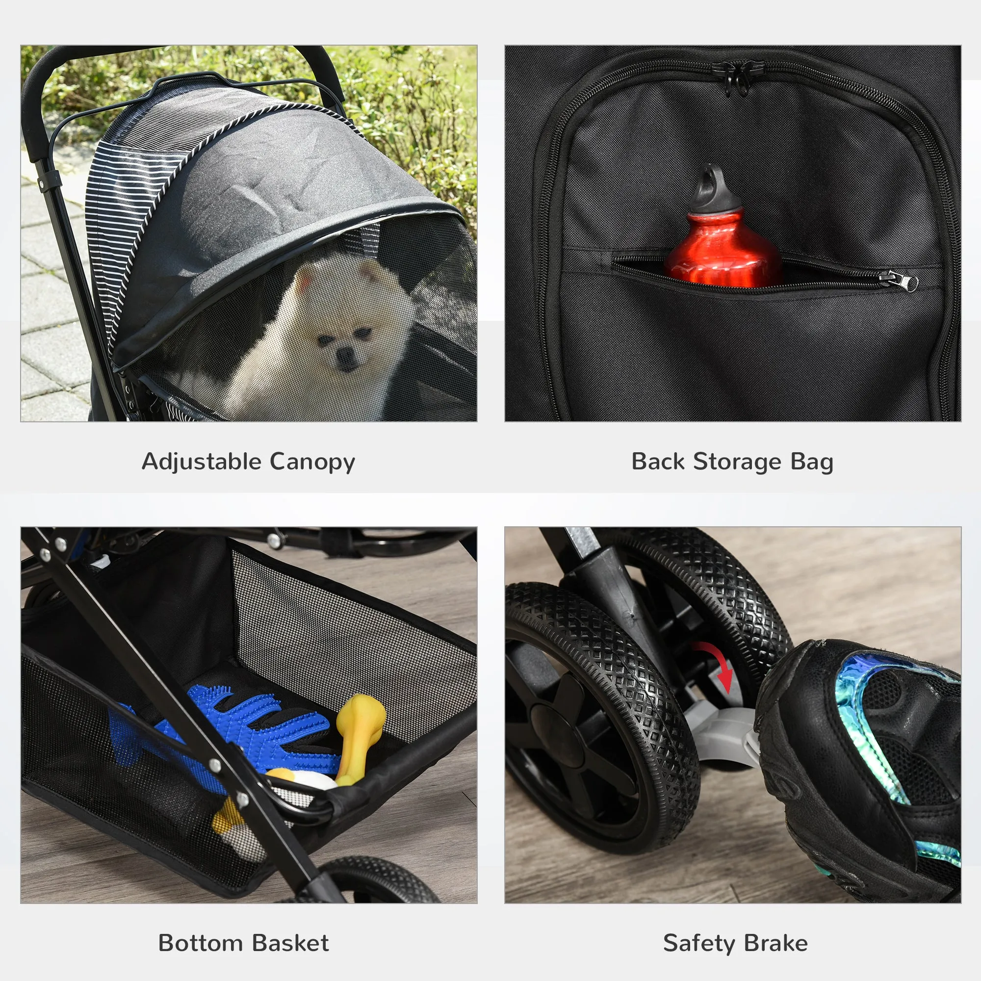 Pet Stroller Pushchair Foldable Travel Dog Cat Carriage w/ Reversible Handle Brake Basket