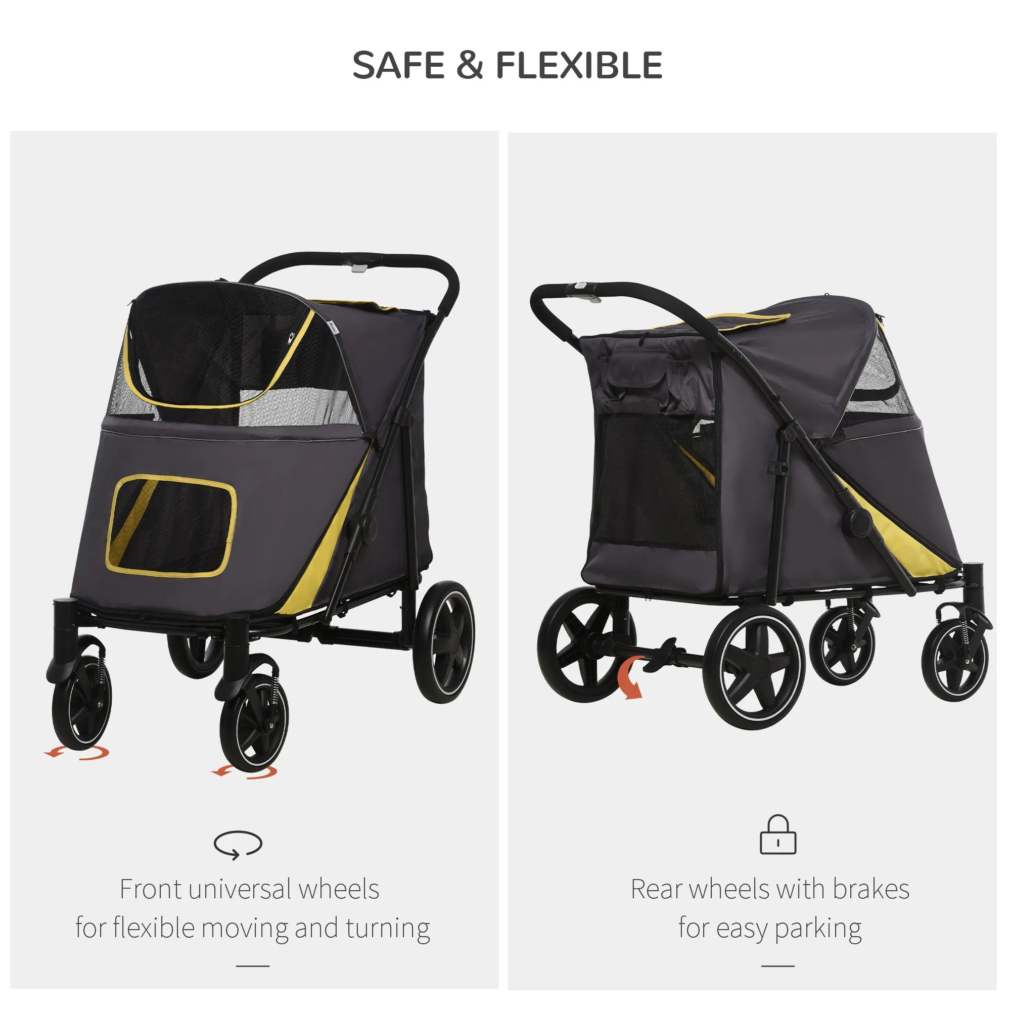 Pet Stroller with Universal Front Wheels, Shock Absorber, One Click Foldable Dog Cat Carriage with Brakes, Storage Bags, Mesh Window Grey