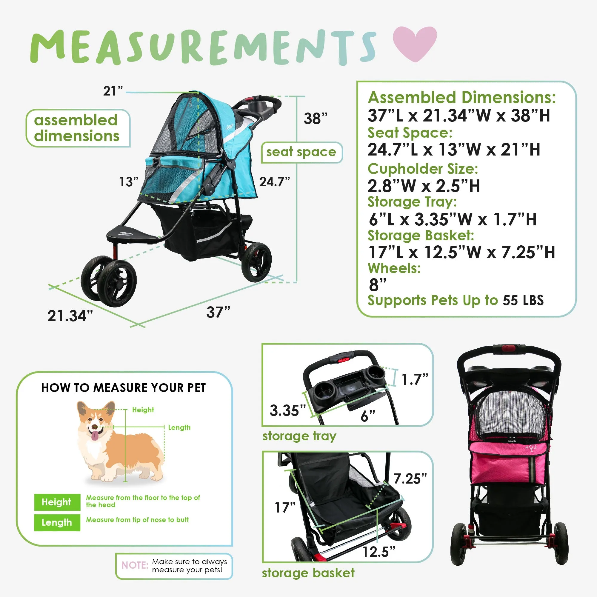 Revolutionary Durable Pet Stroller, Easy Fold, Quality mesh Windows, Large Storage Basket, Secure Cup Holder Tray, Small/Medium Dogs, Cats and Pets, Supports up to 55LBS