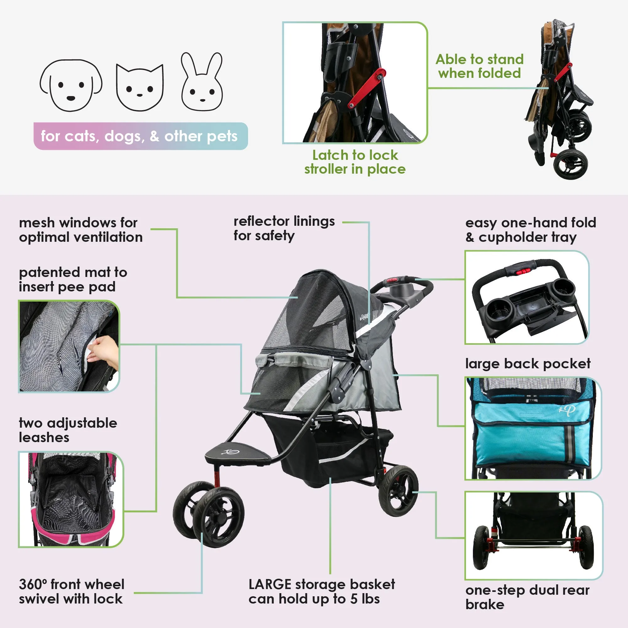 Revolutionary Durable Pet Stroller, Easy Fold, Quality mesh Windows, Large Storage Basket, Secure Cup Holder Tray, Small/Medium Dogs, Cats and Pets, Supports up to 55LBS