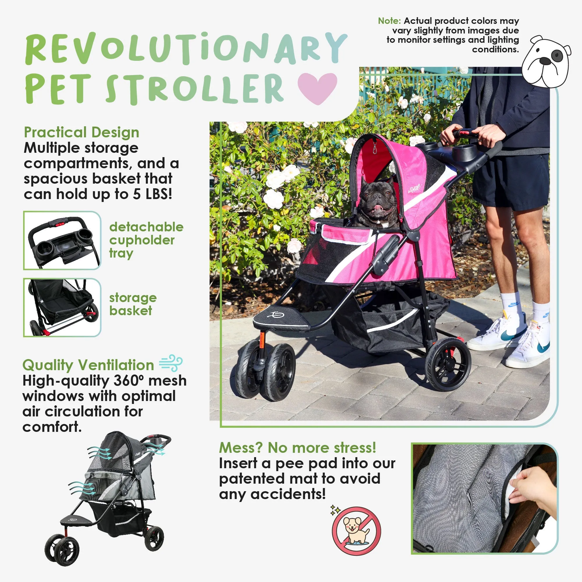 Revolutionary Durable Pet Stroller, Easy Fold, Quality mesh Windows, Large Storage Basket, Secure Cup Holder Tray, Small/Medium Dogs, Cats and Pets, Supports up to 55LBS