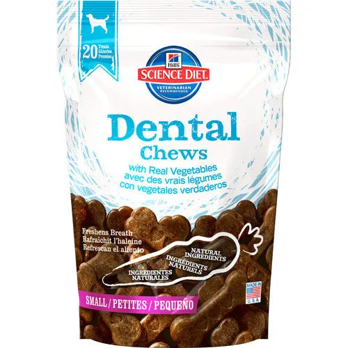 Science Diet Dental Chews for dogs with Real Vegetables; available in different sizes.