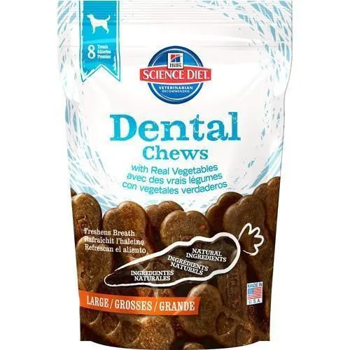 Science Diet Dental Chews for dogs with Real Vegetables; available in different sizes.