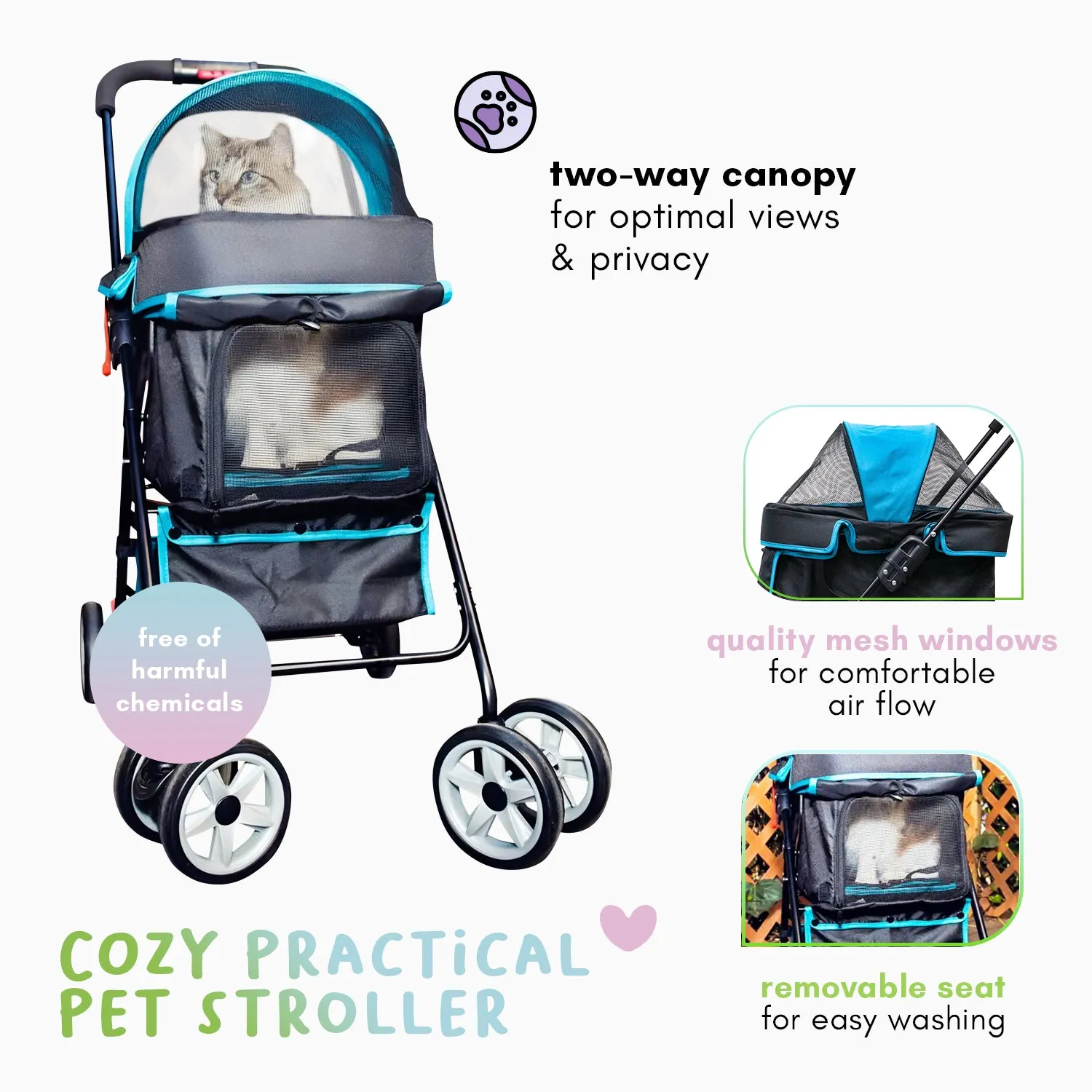 Swift Pet Stroller -  Zipperless, Quality Mesh Windows, Pee Pad Insert, Double Rear Brakes, Rotating Front Wheels, Lightweight, Two-Way Canopy, for Small Dogs/Cats, Supports pets up to 45LBS