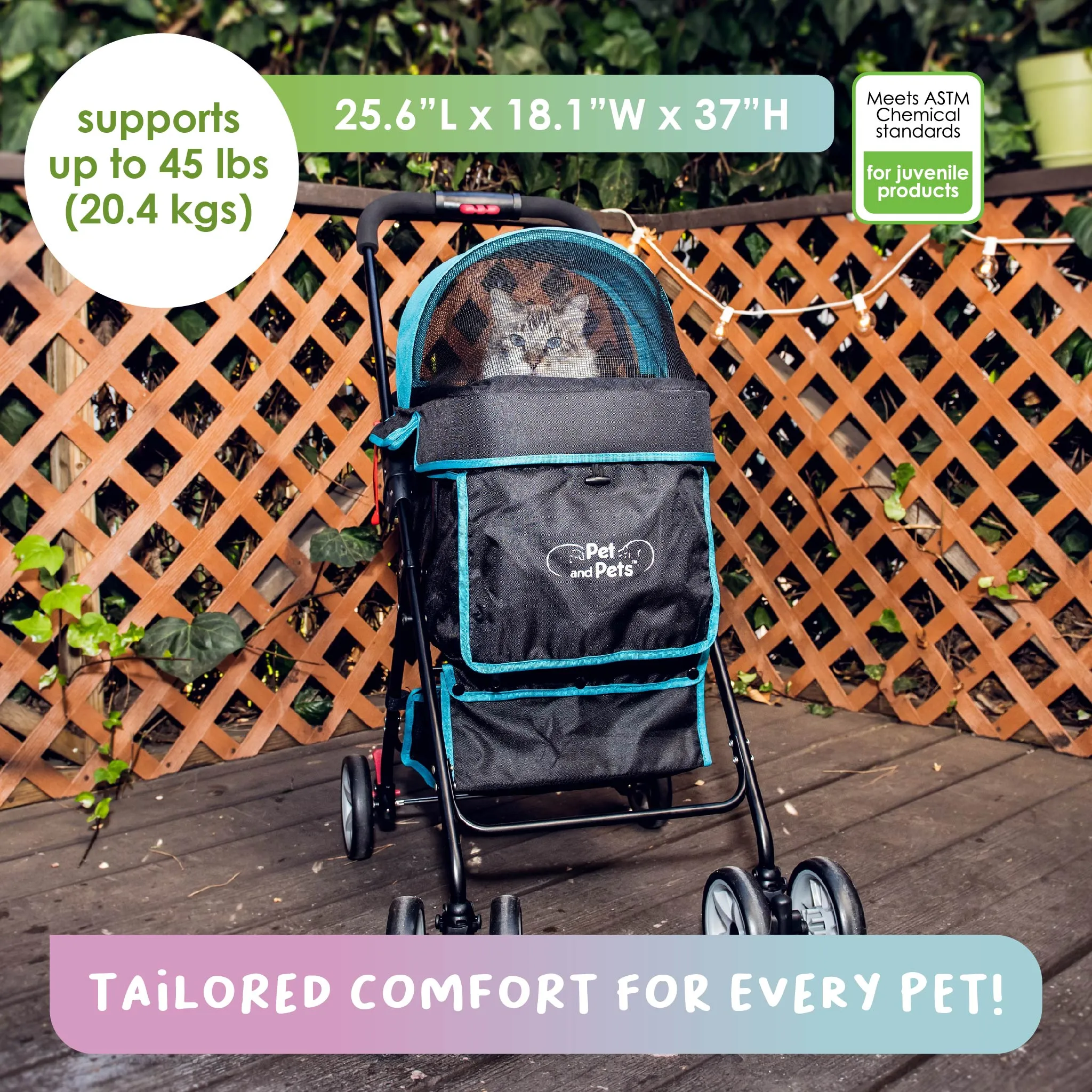 Swift Pet Stroller -  Zipperless, Quality Mesh Windows, Pee Pad Insert, Double Rear Brakes, Rotating Front Wheels, Lightweight, Two-Way Canopy, for Small Dogs/Cats, Supports pets up to 45LBS