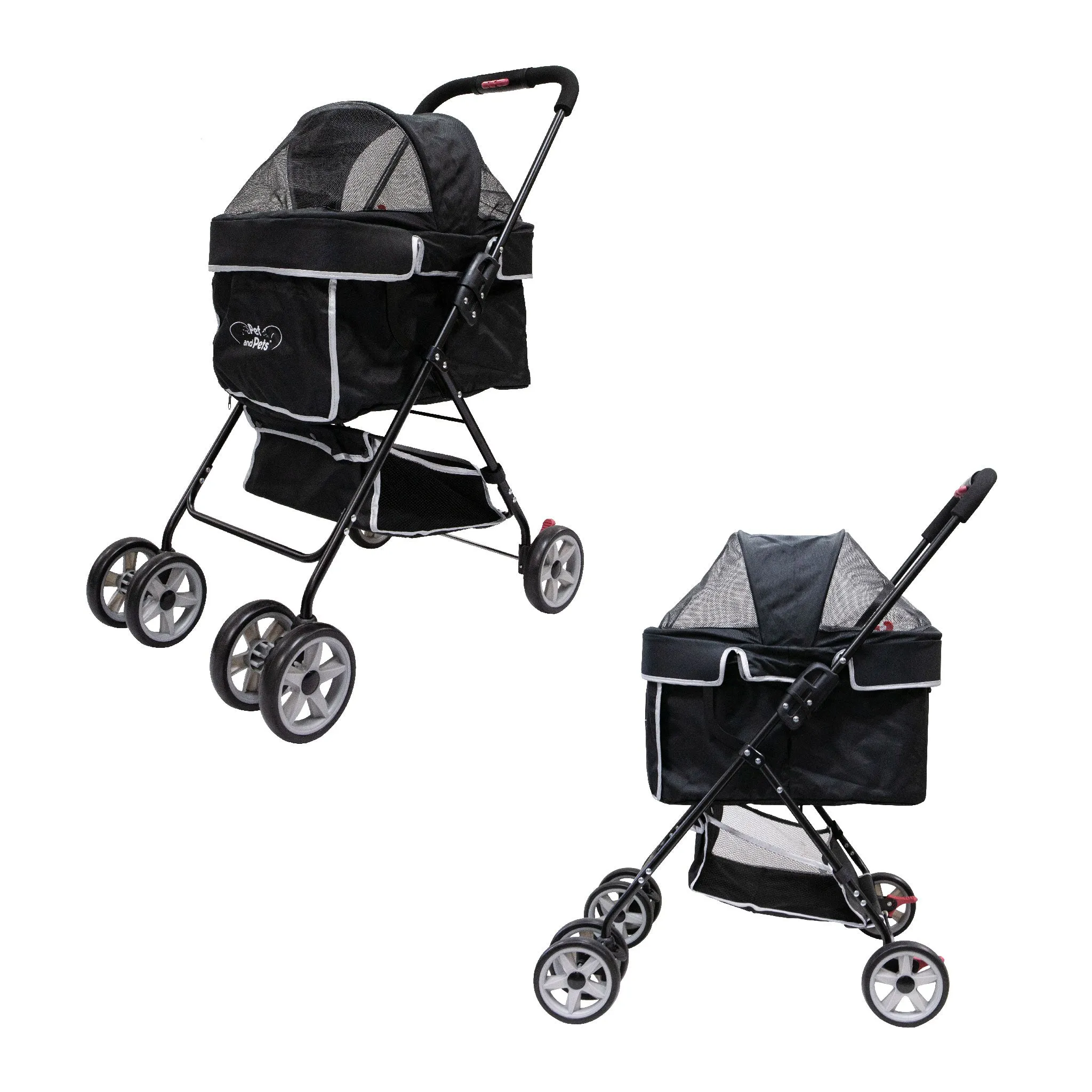 Swift Pet Stroller -  Zipperless, Quality Mesh Windows, Pee Pad Insert, Double Rear Brakes, Rotating Front Wheels, Lightweight, Two-Way Canopy, for Small Dogs/Cats, Supports pets up to 45LBS