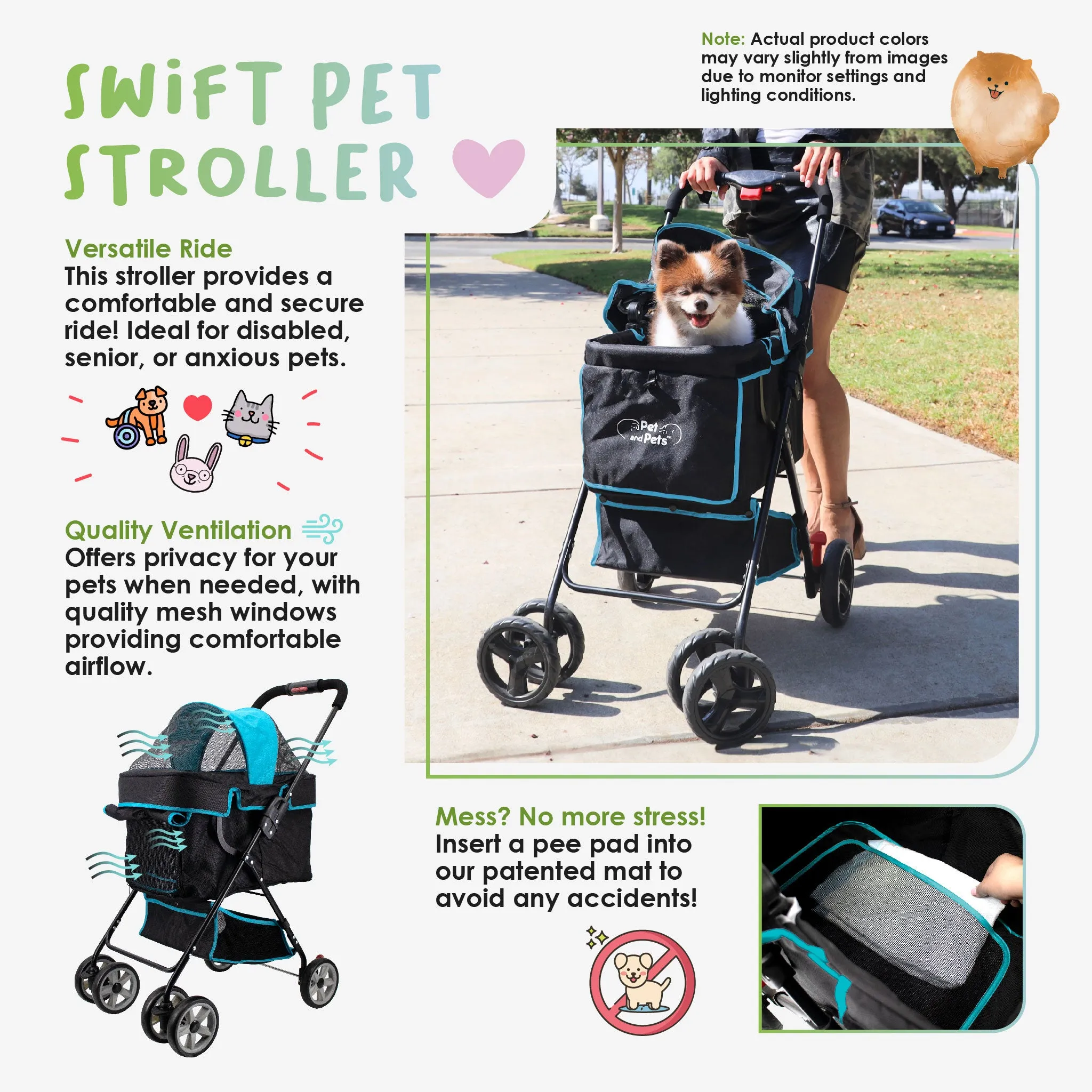 Swift Pet Stroller -  Zipperless, Quality Mesh Windows, Pee Pad Insert, Double Rear Brakes, Rotating Front Wheels, Lightweight, Two-Way Canopy, for Small Dogs/Cats, Supports pets up to 45LBS