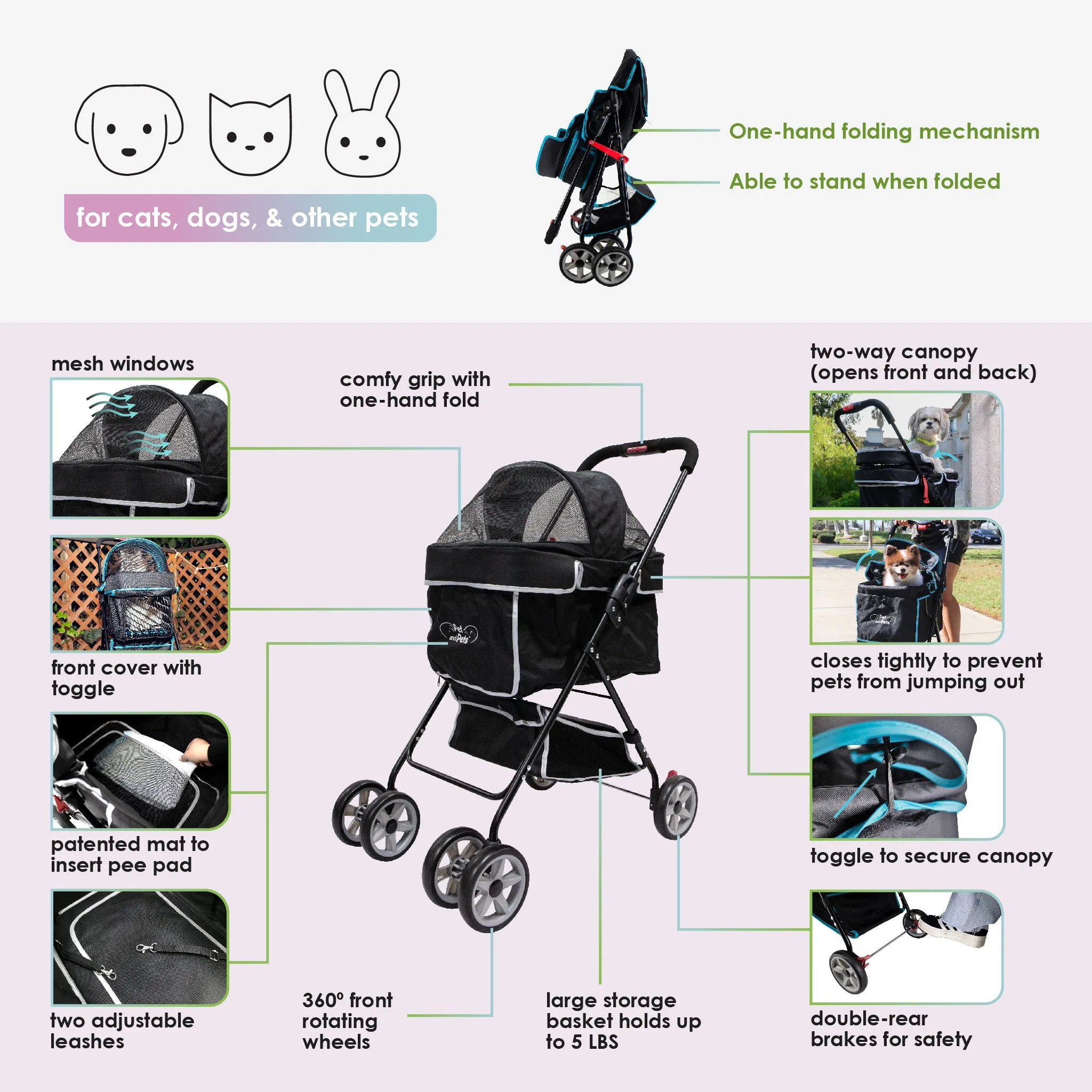 Swift Pet Stroller -  Zipperless, Quality Mesh Windows, Pee Pad Insert, Double Rear Brakes, Rotating Front Wheels, Lightweight, Two-Way Canopy, for Small Dogs/Cats, Supports pets up to 45LBS