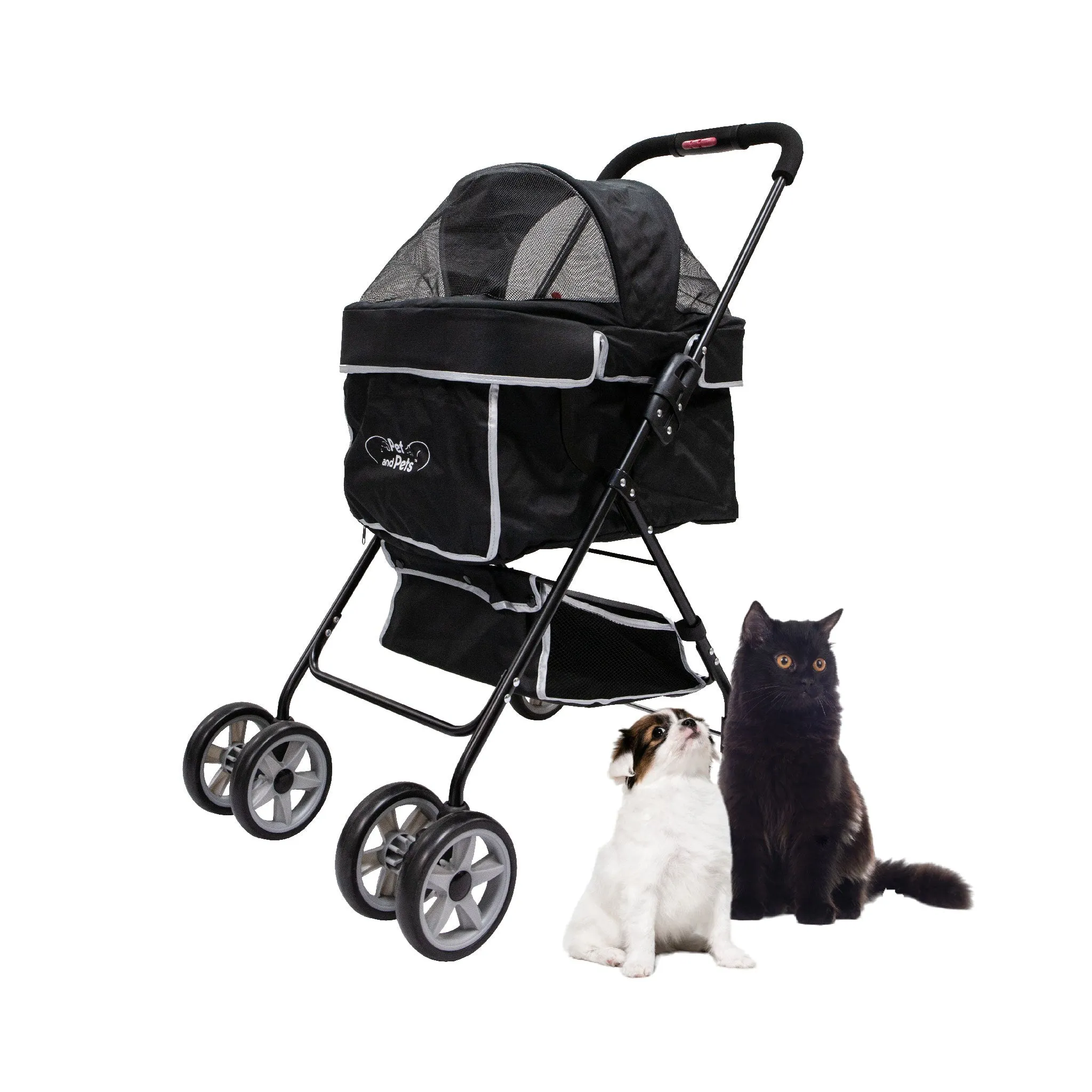 Swift Pet Stroller -  Zipperless, Quality Mesh Windows, Pee Pad Insert, Double Rear Brakes, Rotating Front Wheels, Lightweight, Two-Way Canopy, for Small Dogs/Cats, Supports pets up to 45LBS