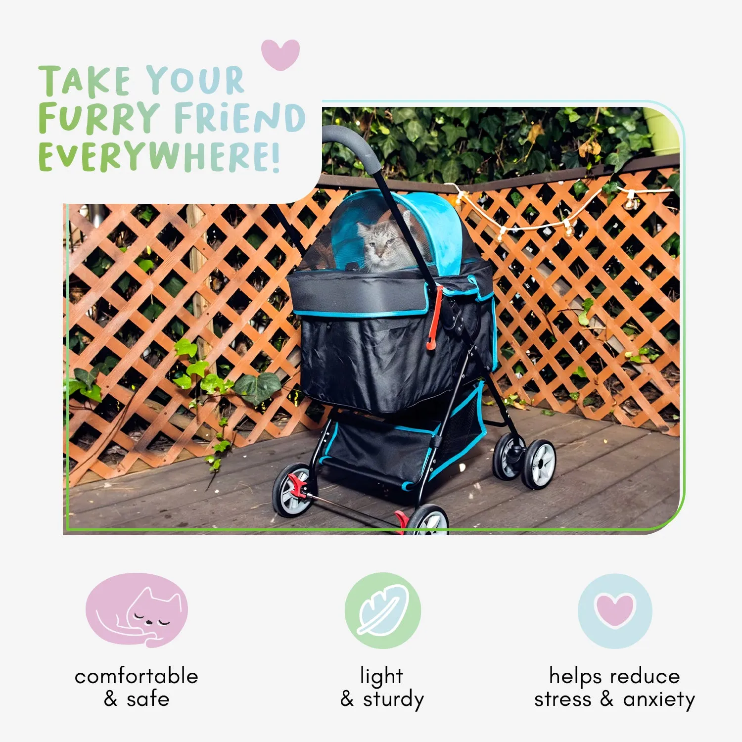 Swift Pet Stroller -  Zipperless, Quality Mesh Windows, Pee Pad Insert, Double Rear Brakes, Rotating Front Wheels, Lightweight, Two-Way Canopy, for Small Dogs/Cats, Supports pets up to 45LBS