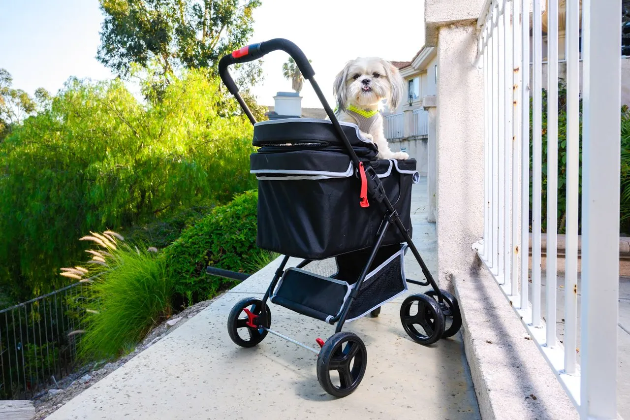 Swift Pet Stroller -  Zipperless, Quality Mesh Windows, Pee Pad Insert, Double Rear Brakes, Rotating Front Wheels, Lightweight, Two-Way Canopy, for Small Dogs/Cats, Supports pets up to 45LBS