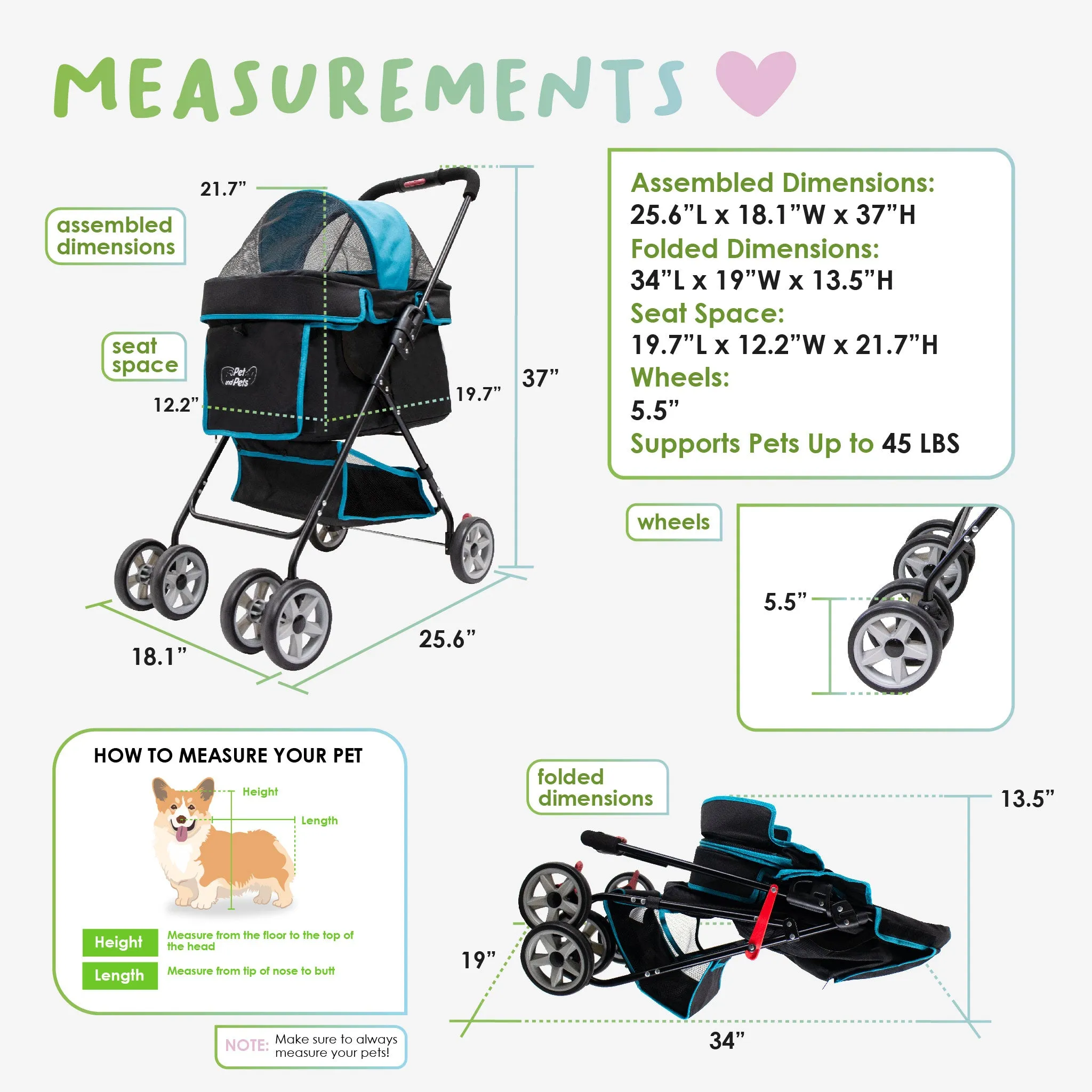 Swift Pet Stroller -  Zipperless, Quality Mesh Windows, Pee Pad Insert, Double Rear Brakes, Rotating Front Wheels, Lightweight, Two-Way Canopy, for Small Dogs/Cats, Supports pets up to 45LBS