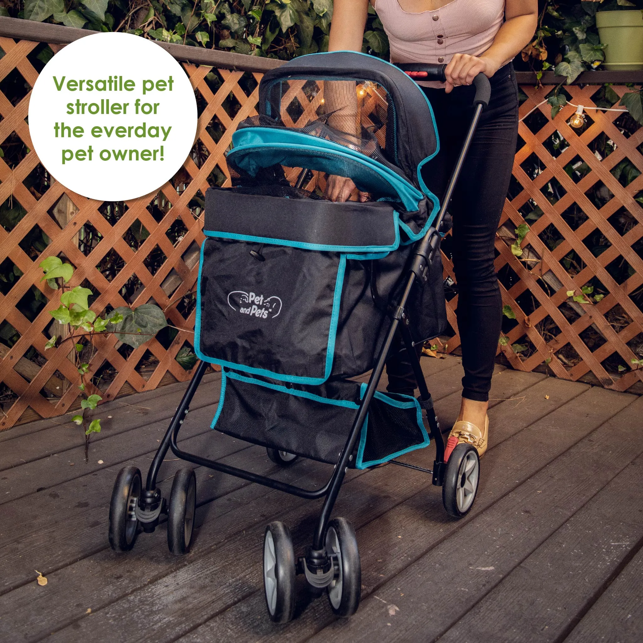 Swift Pet Stroller -  Zipperless, Quality Mesh Windows, Pee Pad Insert, Double Rear Brakes, Rotating Front Wheels, Lightweight, Two-Way Canopy, for Small Dogs/Cats, Supports pets up to 45LBS