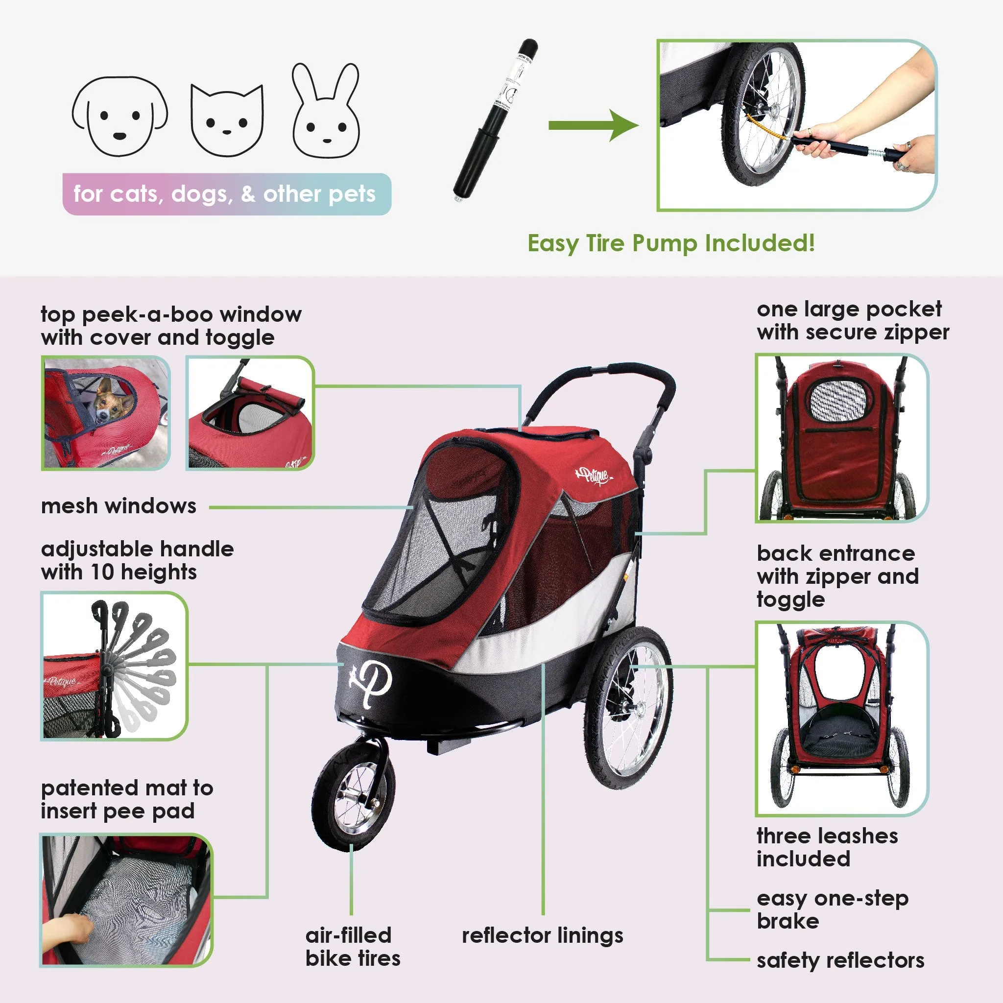 Trailblazer Pet Jogger/Stroller, Bike Trailer, Shock Absorbing Bike Wheels, Large Entry Way, Peek-a-boo Window, Small/Medium/Large Dogs, Cats and Pets, Supports up to 77LBS