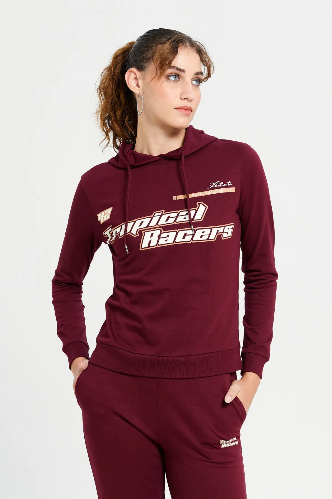 Women Burgundy Printed Active Sweatshirt