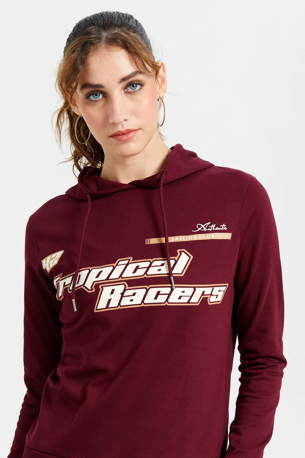 Women Burgundy Printed Active Sweatshirt